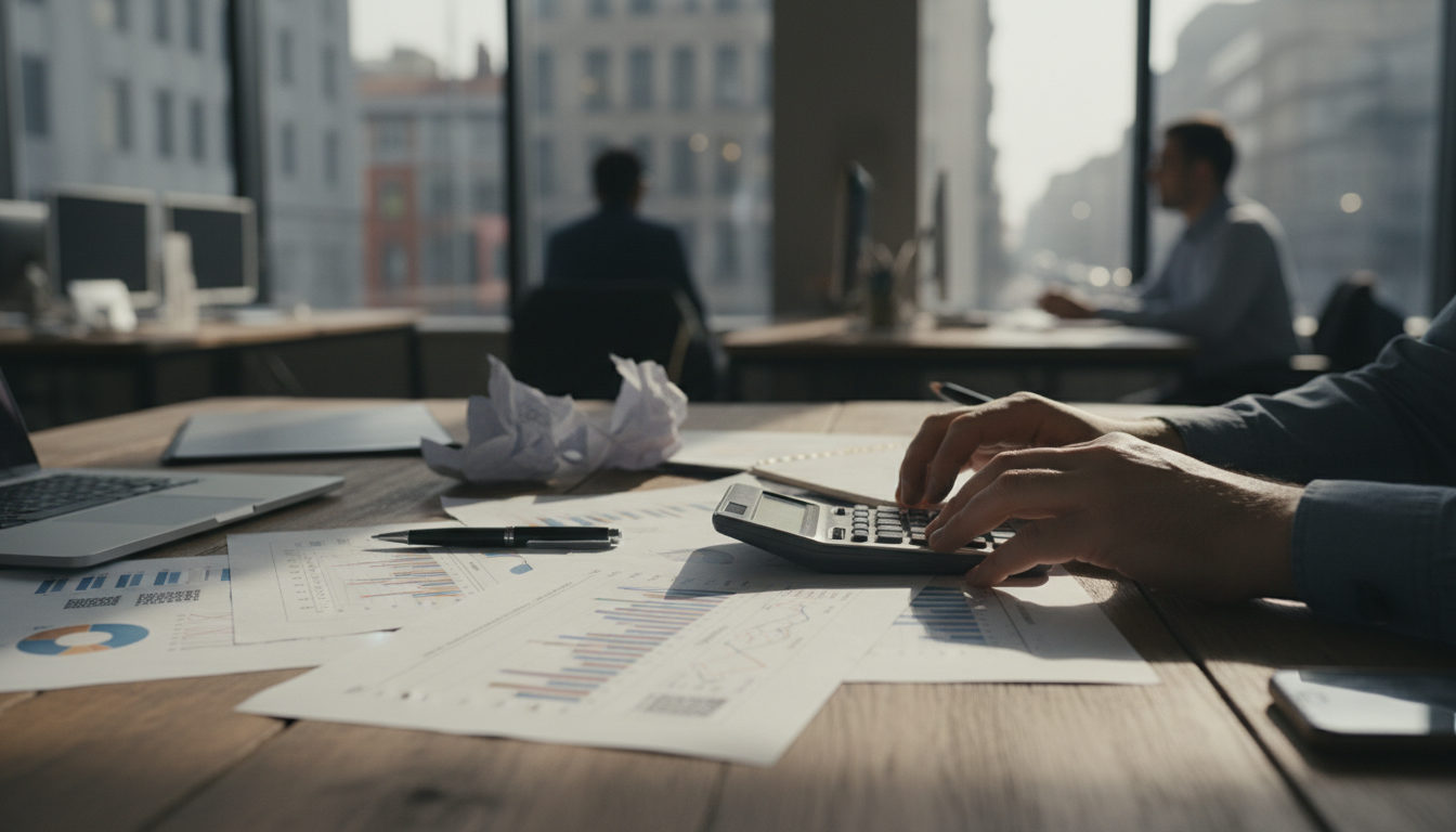 Manos sobre una mesa de madera examinando gráficos económicos y documentos con una calculadora, sugiriendo análisis de datos laborales y financieros.
