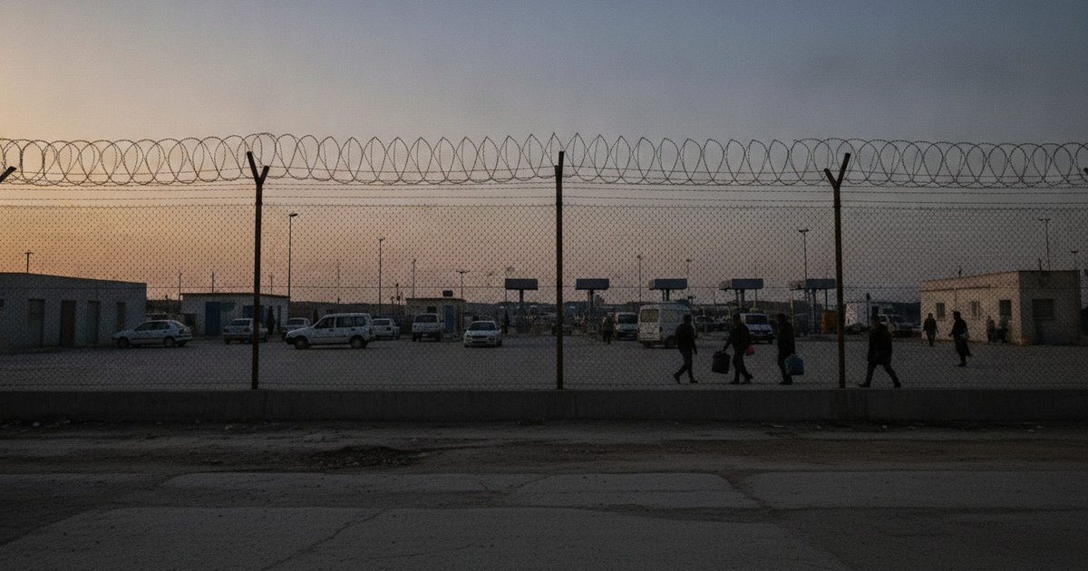 Vista de la valla fronteriza en Ceuta al atardecer, con escaso movimiento de personas y vehículos, reflejando el declive del tránsito habitual.