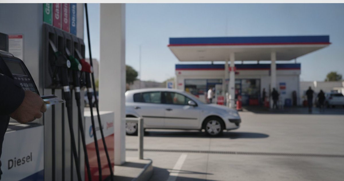 Una mano pagando con tarjeta en un datáfono de gasolinera mientras se repostan vehículos en un día soleado en España.