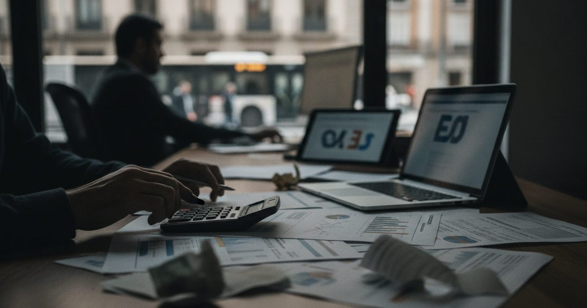 Manos examinando documentos financieros y noticias económicas en una tableta, sobre una mesa de trabajo.