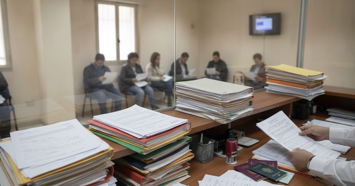 Manos de un funcionario revisando expedientes de migración en una oficina de extranjería, con documentos y sellos a la vista y personas en la sala de espera.