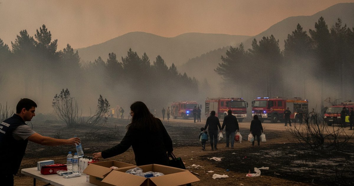 Humo denso y árboles calcinados en un paisaje afectado por los incendios, mientras en primer plano se observa la entrega de ayuda en un centro de evacuación.