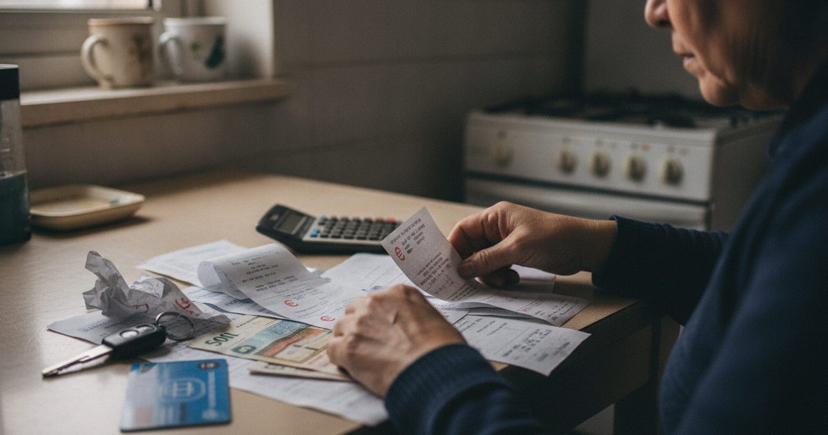 Manos sobre una mesa, revisando recibos de compra y facturas de carburante bajo una luz tenue.