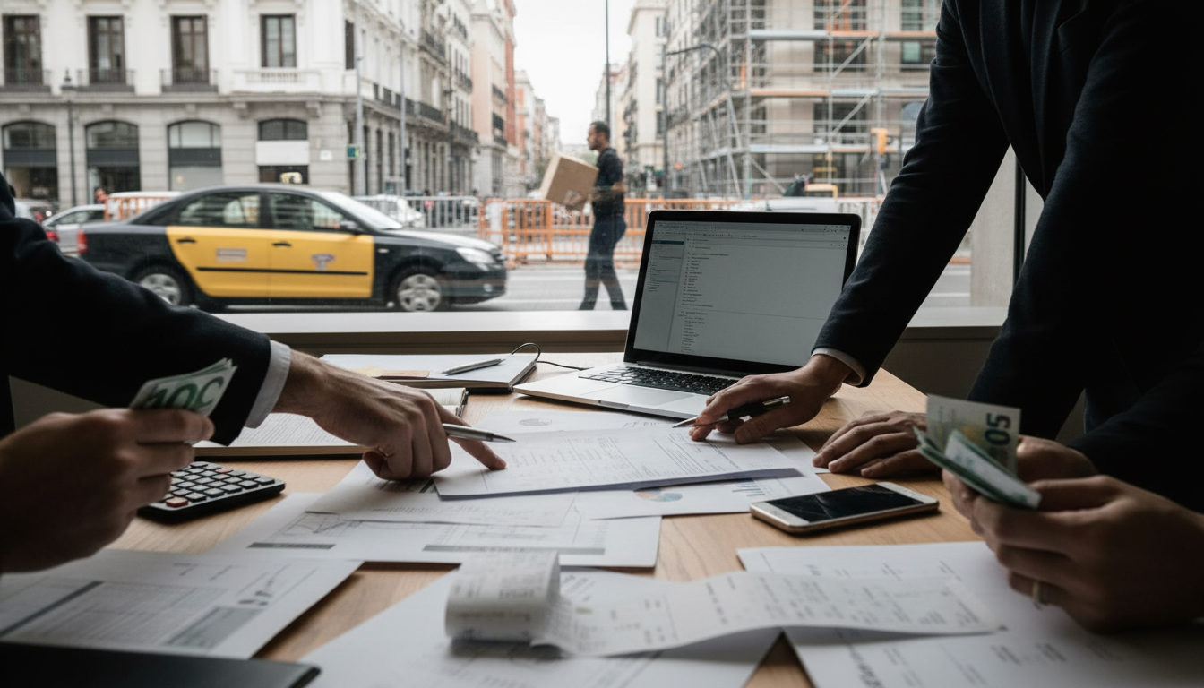 Una madre latina joven mira pensativa la etiqueta de un producto mientras sostiene la mano de su hijo pequeño en el pasillo de un supermercado en España.