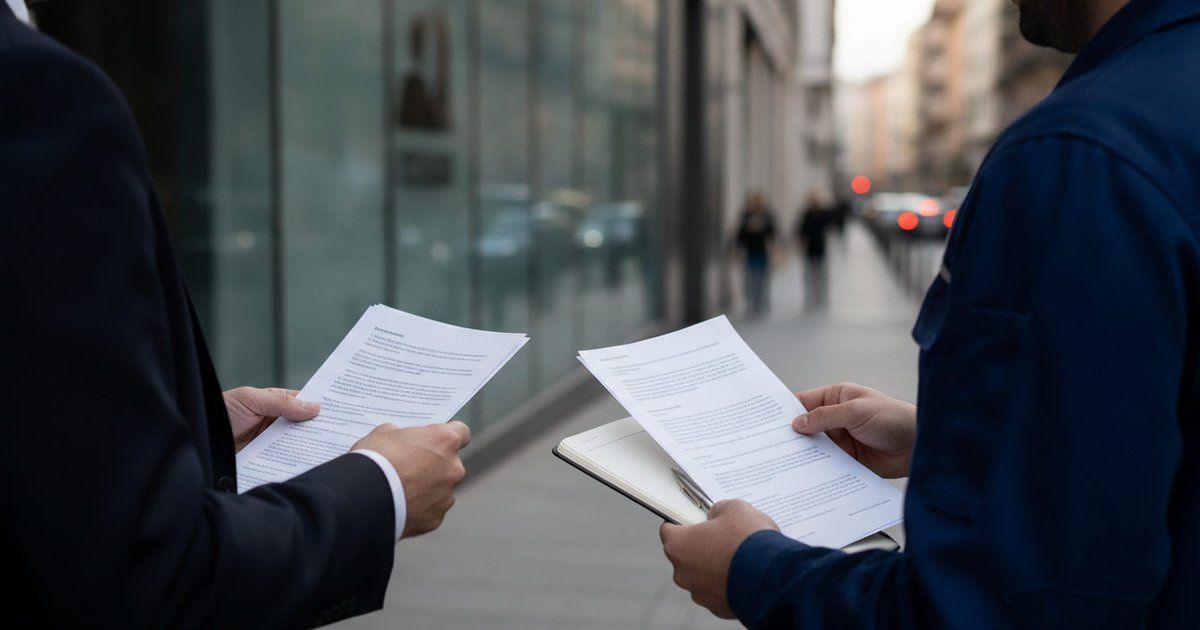 Manos de dos personas, una con traje y otra con ropa de trabajo, sosteniendo documentos y conversando frente a un edificio de oficinas, simbolizando una interacción laboral o una inspección.