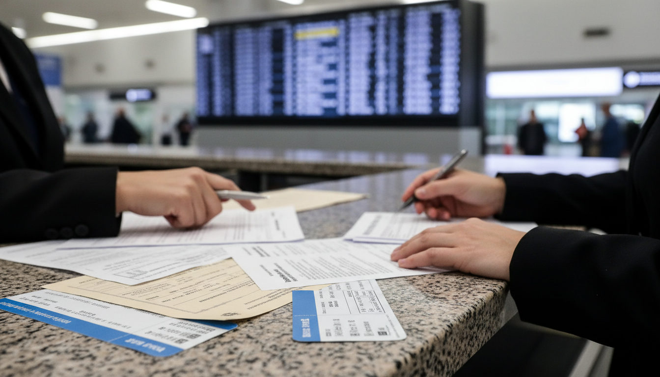Manos examinando documentos de viaje sobre un mostrador en un aeropuerto, con información de vuelos internacionales en segundo plano.