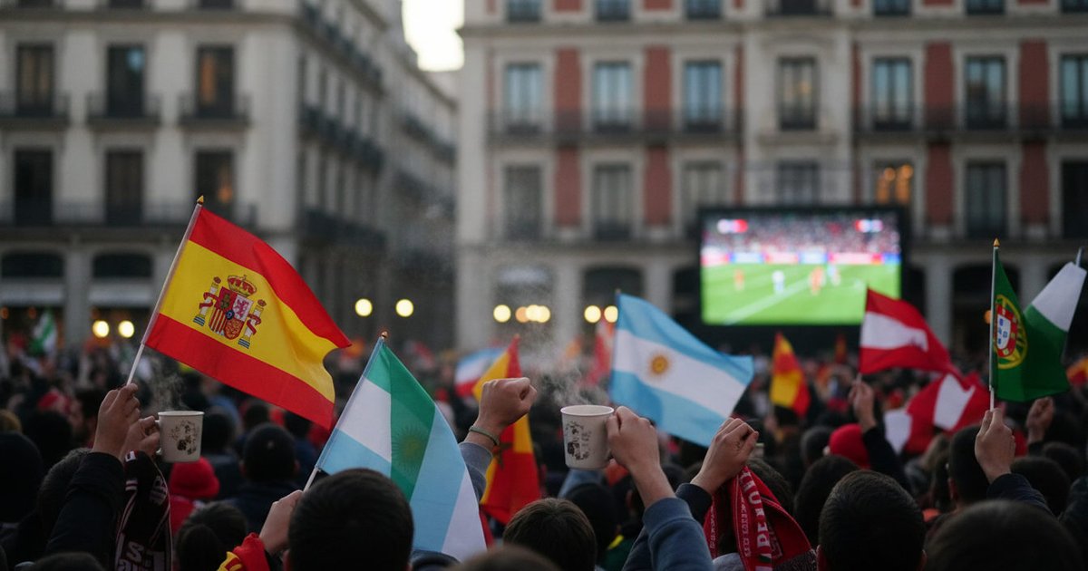 Aficionados latinos y españoles celebran un partido del Mundial 2026 en un bar de España, con banderas y bufandas.