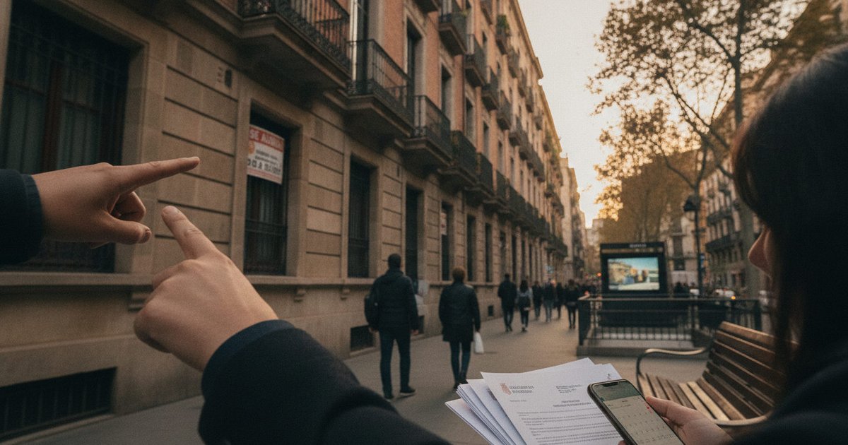 Fachada de un edificio residencial con un cartel de alquiler, y unas manos apuntando a la calle, reflejando la búsqueda de vivienda en un entorno urbano español.