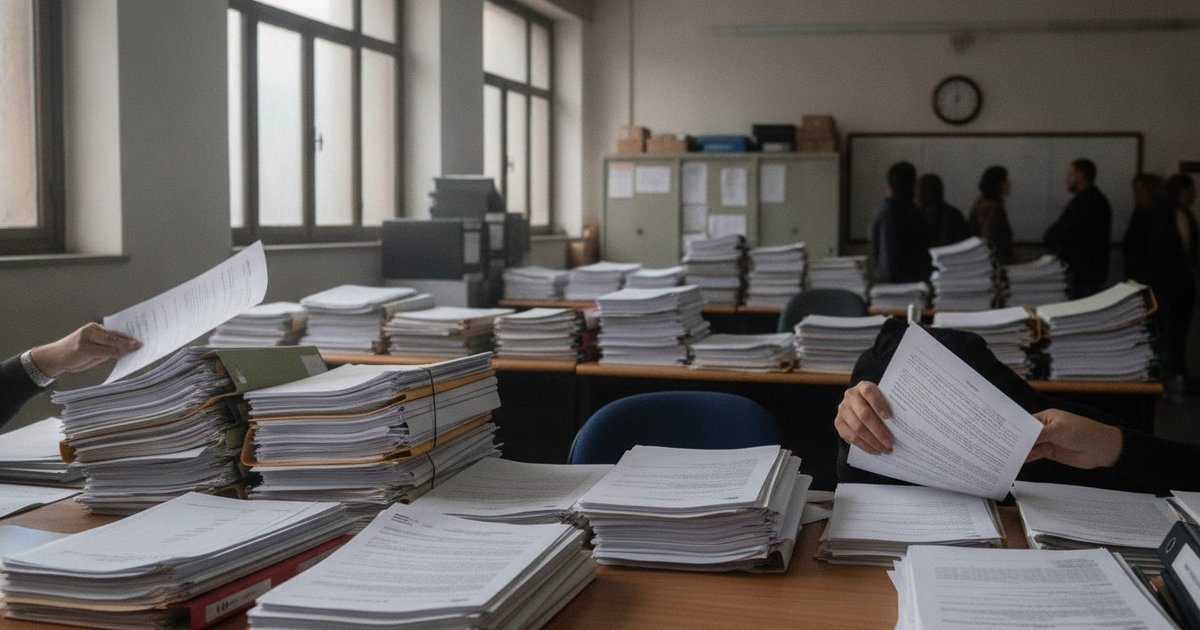 Manos anónimas procesando una pila de documentos y formularios de solicitud en el escritorio de una oficina consular, con sellos y carpetas de expedientes al fondo.