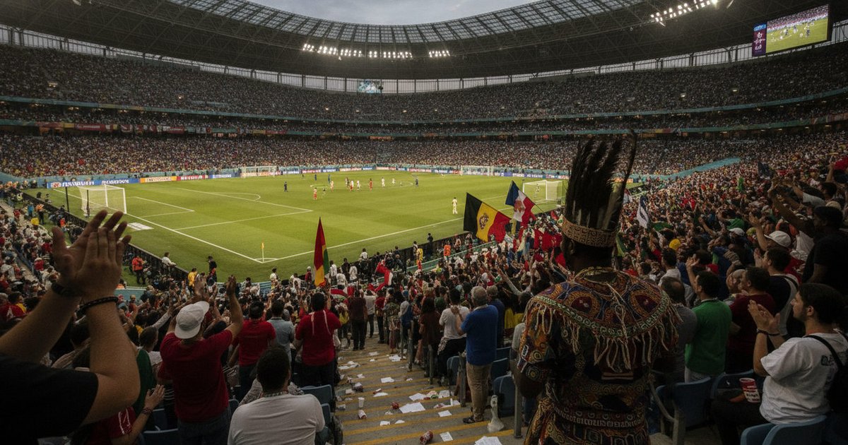Un aficionado con vestimenta africana destacando entre la multitud en las gradas de un estadio de fútbol durante un partido del Mundial.