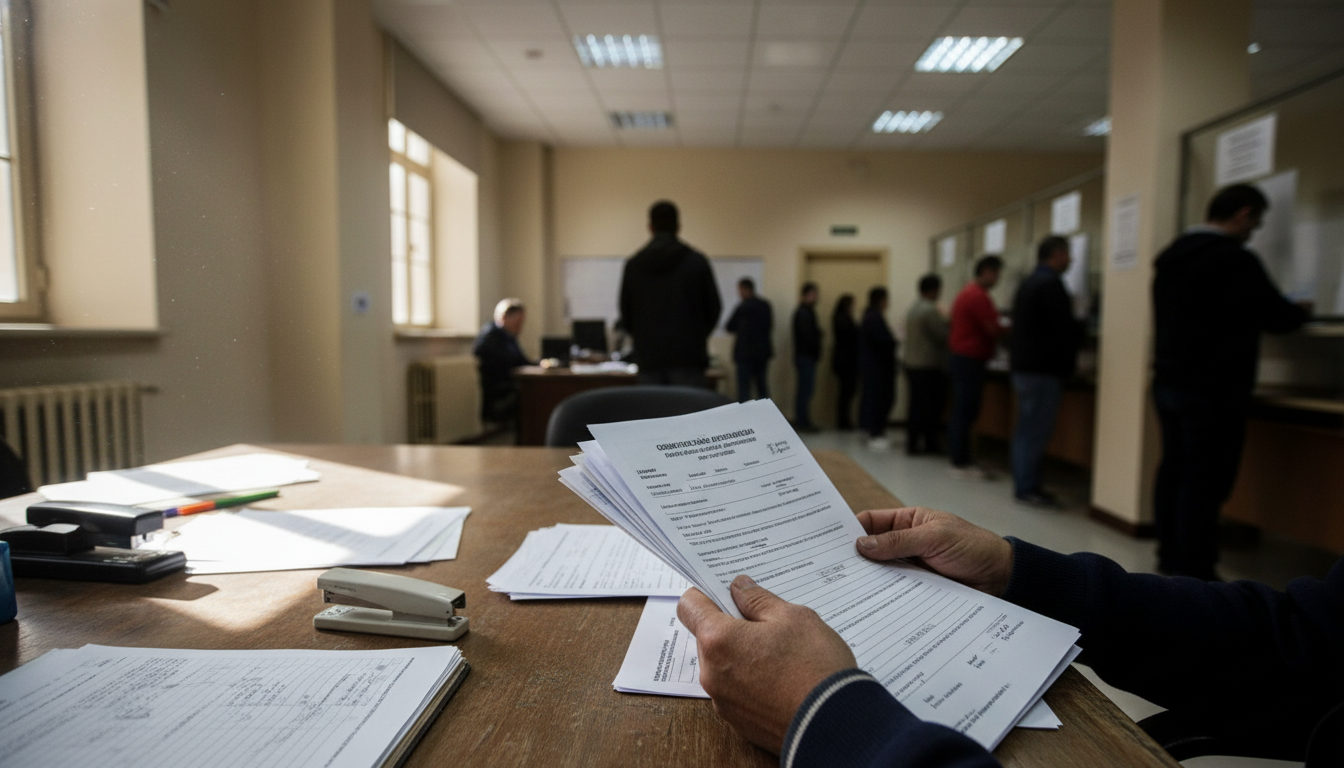 Manos de una persona sosteniendo documentos de solicitud de residencia sobre un escritorio en una oficina de extranjería.