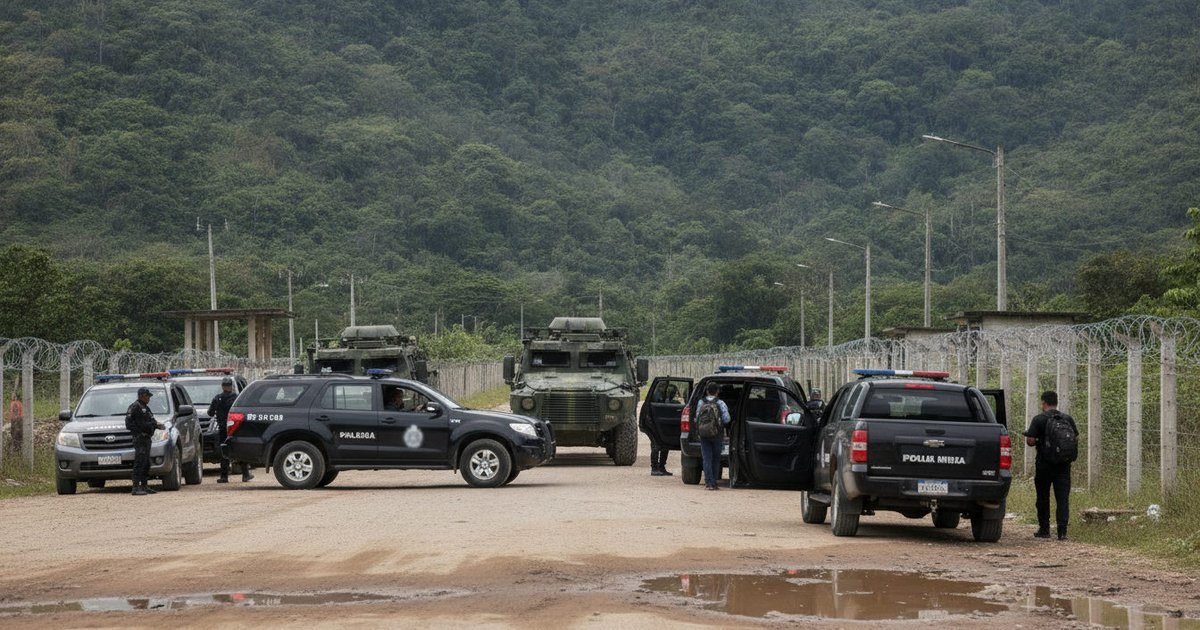 Agentes de seguridad en un puesto de control fronterizo que separa Colombia y Ecuador, con vehículos y vegetación montañosa al fondo.