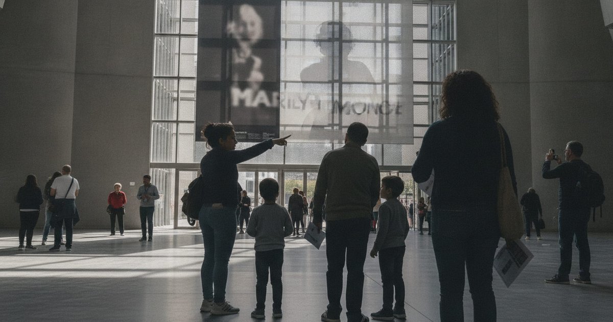 Gente diversa, incluyendo familias, observando un gran cartel en la entrada de CaixaForum que anuncia una exposición sobre Marilyn Monroe.