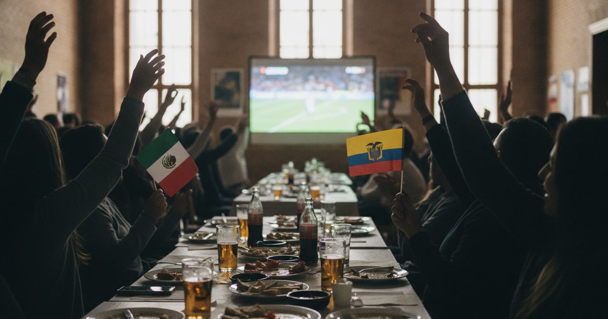 Manos levantadas con pequeñas banderas de México y Ecuador en un bar, celebrando un gol en una pantalla gigante durante un partido del Mundial en España.