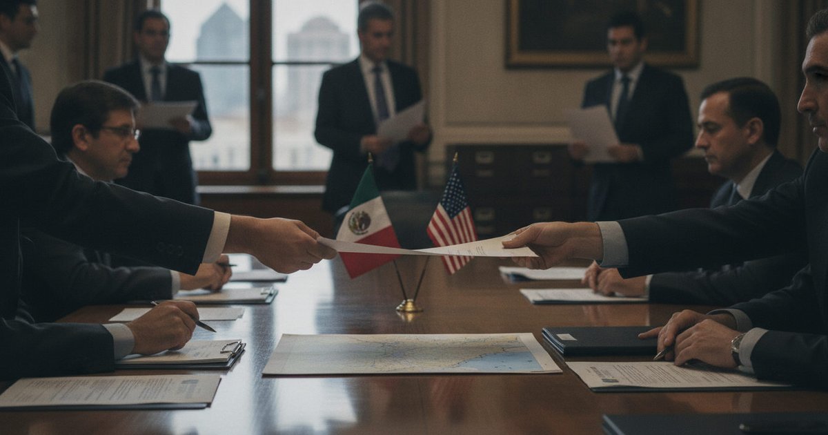 Manos de funcionarios intercambiando documentos sobre una mesa de reuniones con banderas de México y Estados Unidos de fondo.