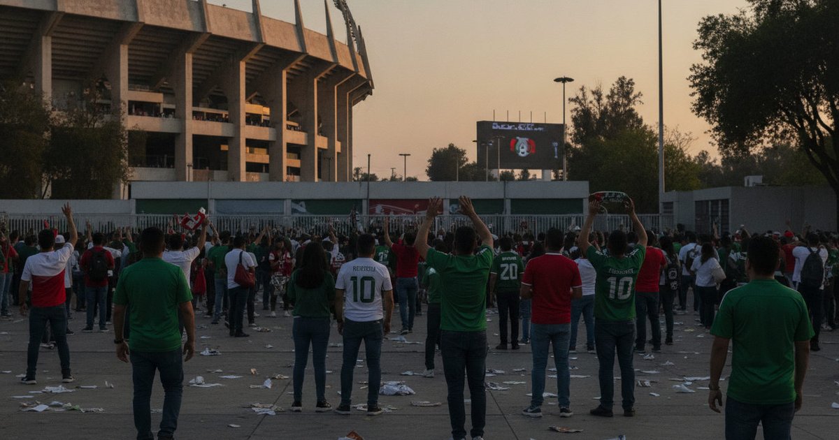 Multitud de aficionados con camisetas verdes y rojas alrededor del Estadio Azteca en Ciudad de México, con banderas y banderines, celebrando antes de un partido importante.