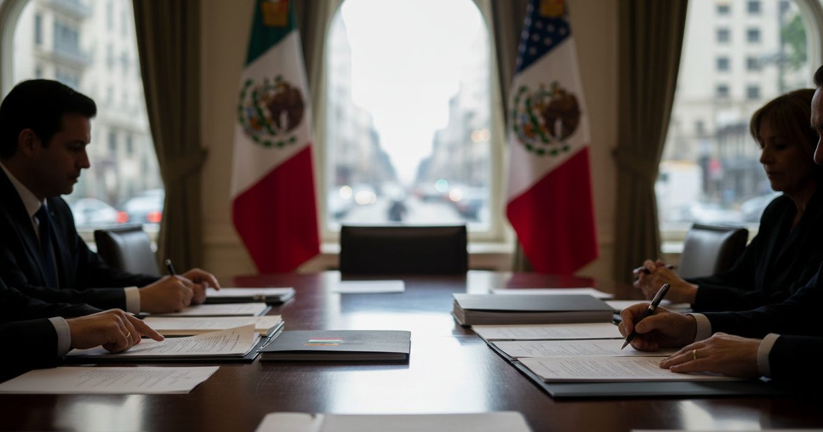 Documentos oficiales sobre una mesa de negociación, con la mano de un diplomático señalando un punto clave, y banderas de México y Estados Unidos difuminadas al fondo, simbolizando el estado de las relaciones bilaterales.