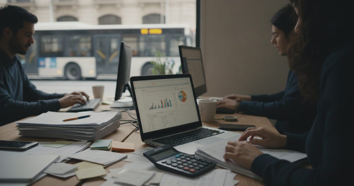Manos de varios trabajadores colaborando en una mesa, con documentos y un ordenador portátil, en una oficina de espacio reducido que simboliza la actividad de las microempresas.