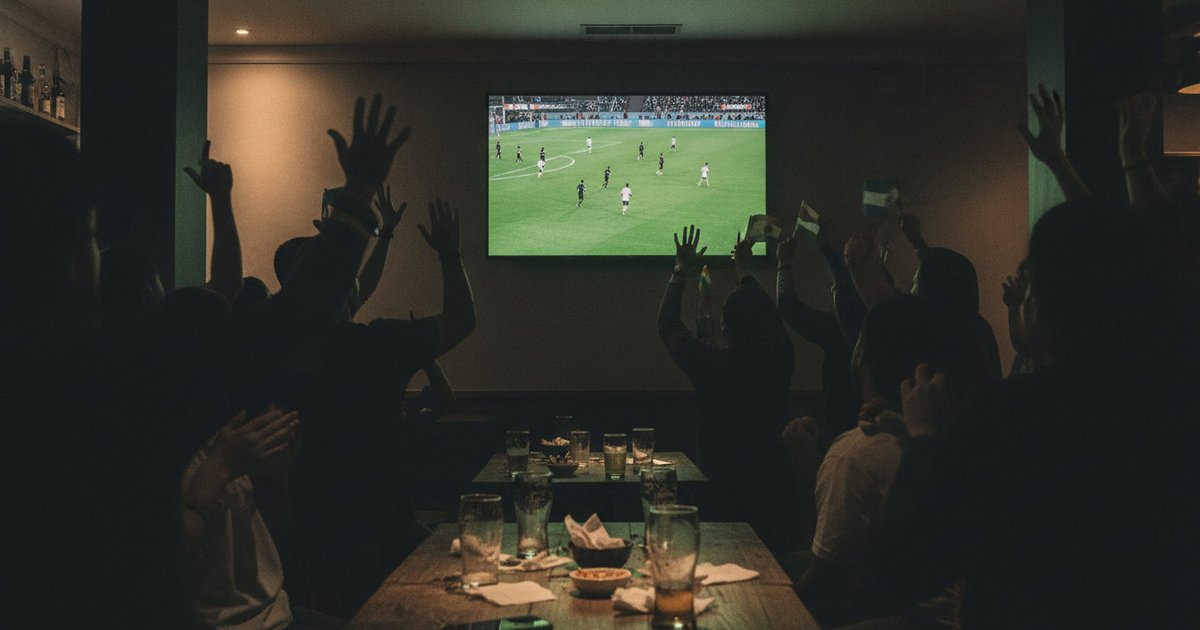 Aficionados latinos y españoles observan con expectación un partido del Mundial 2026 en una pantalla grande en un bar, con ambiente festivo y banderas de fondo.