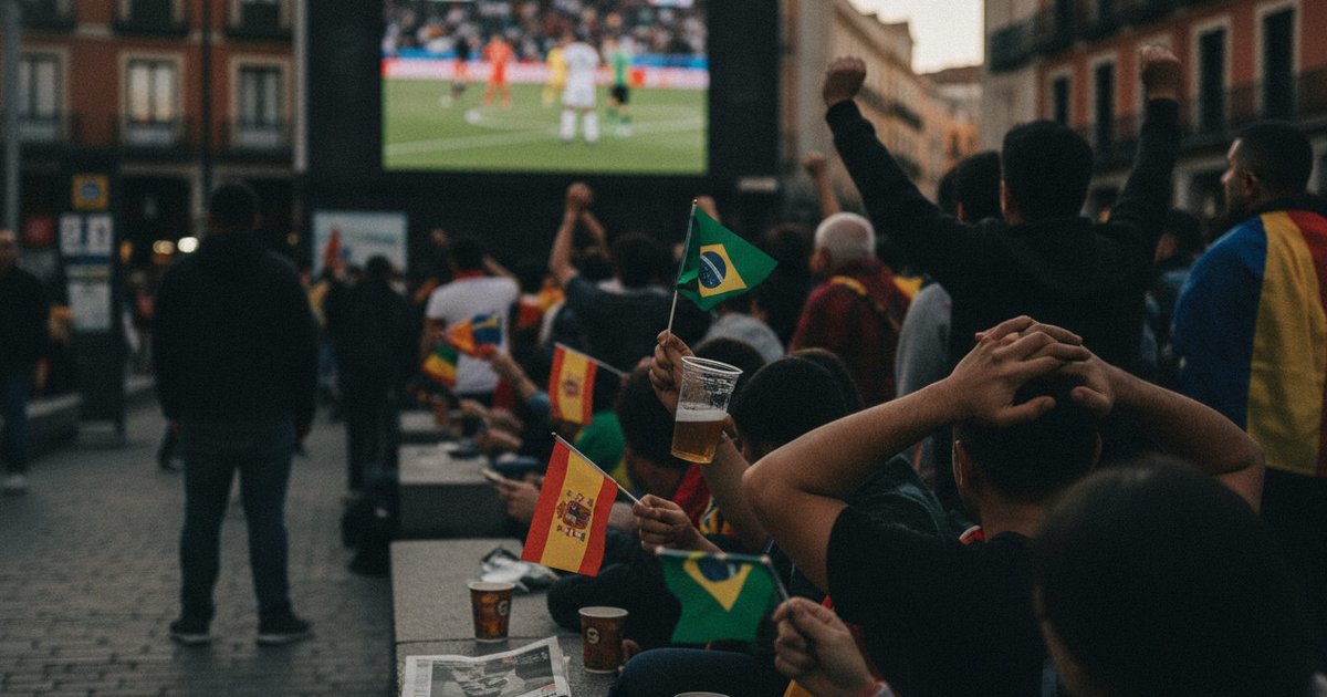 Aficionados latinos y españoles observan con tensión un partido del Mundial 2026 en la pantalla de un bar de Madrid, con algunas banderas ondeando y expresiones de emoción.