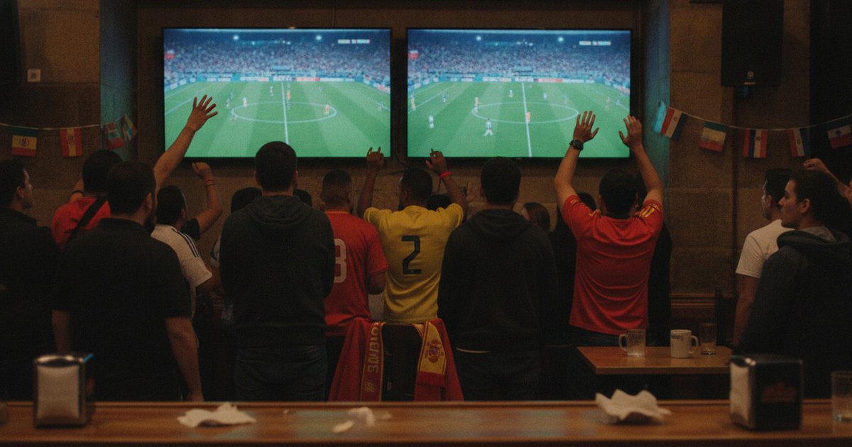 Aficionados latinos y españoles viendo un partido del Mundial 2026 en una pantalla gigante en un bar, celebrando y gesticulando con pasión.