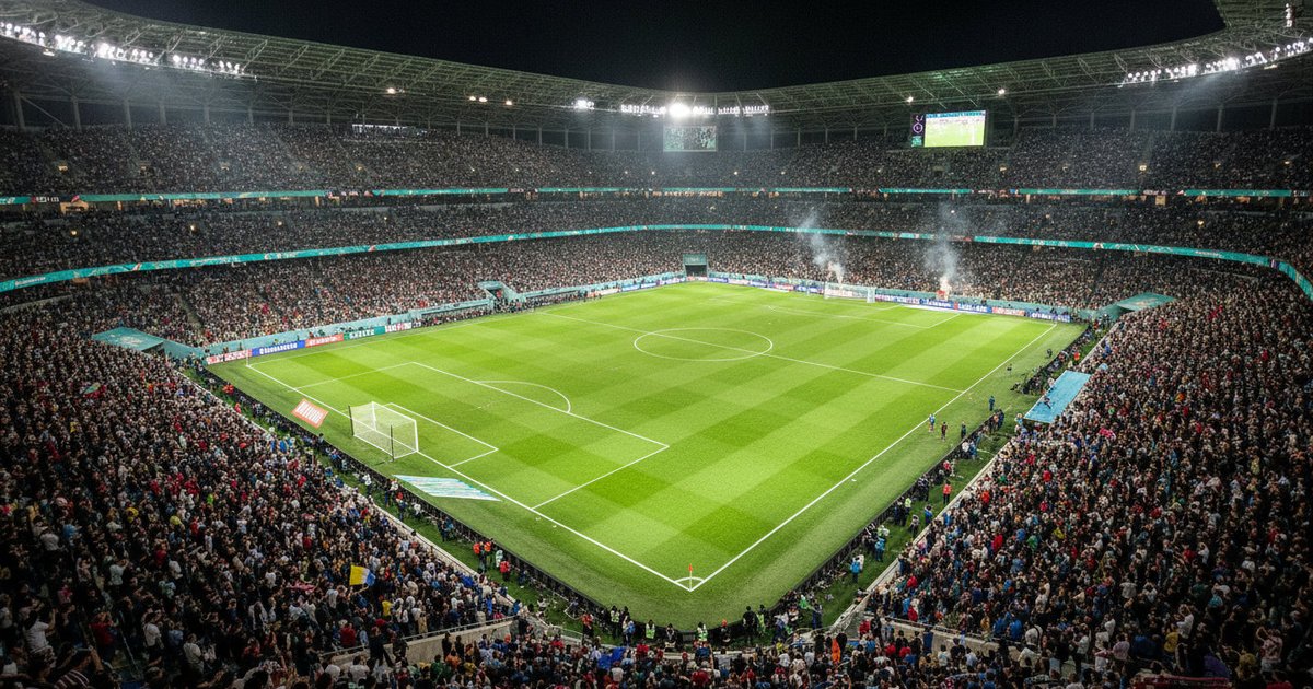 Estadio de fútbol iluminado y lleno de aficionados durante un partido nocturno del Mundial, con la grada vibrante de banderas.