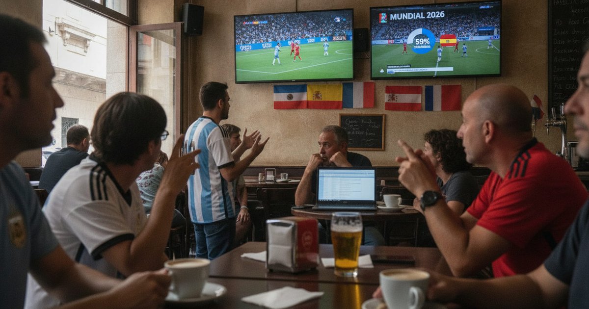 Aficionados latinos en un bar de Madrid discutiendo con pasión las predicciones del Mundial 2026, con camisetas de fútbol y banderas nacionales de fondo.