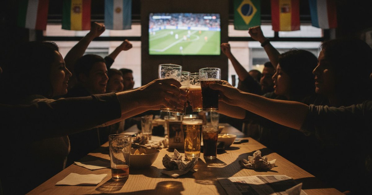 Manos de aficionados brindando en un bar de Madrid mientras observan un partido del Mundial 2026 en televisión, con banderas de equipos latinoamericanos al fondo.