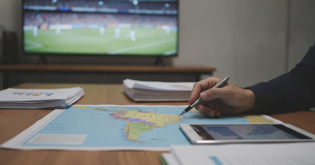 Vista de cerca de un mapa de América Latina con notas manuscritas, sobre una mesa de trabajo con papeles y un ordenador portátil. Al fondo, un televisor con la retransmisión de un partido de fútbol.