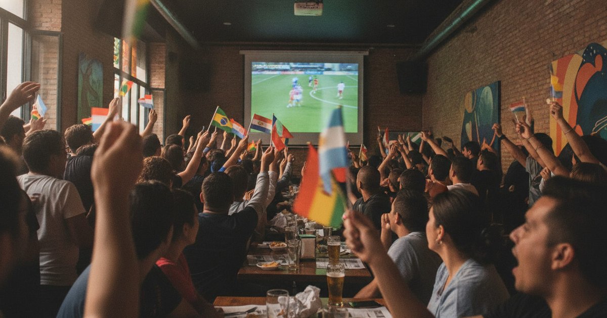 Aficionados latinos en España, con banderas y camisetas, celebran y sufren juntos mientras ven un partido del Mundial 2026 en un bar.