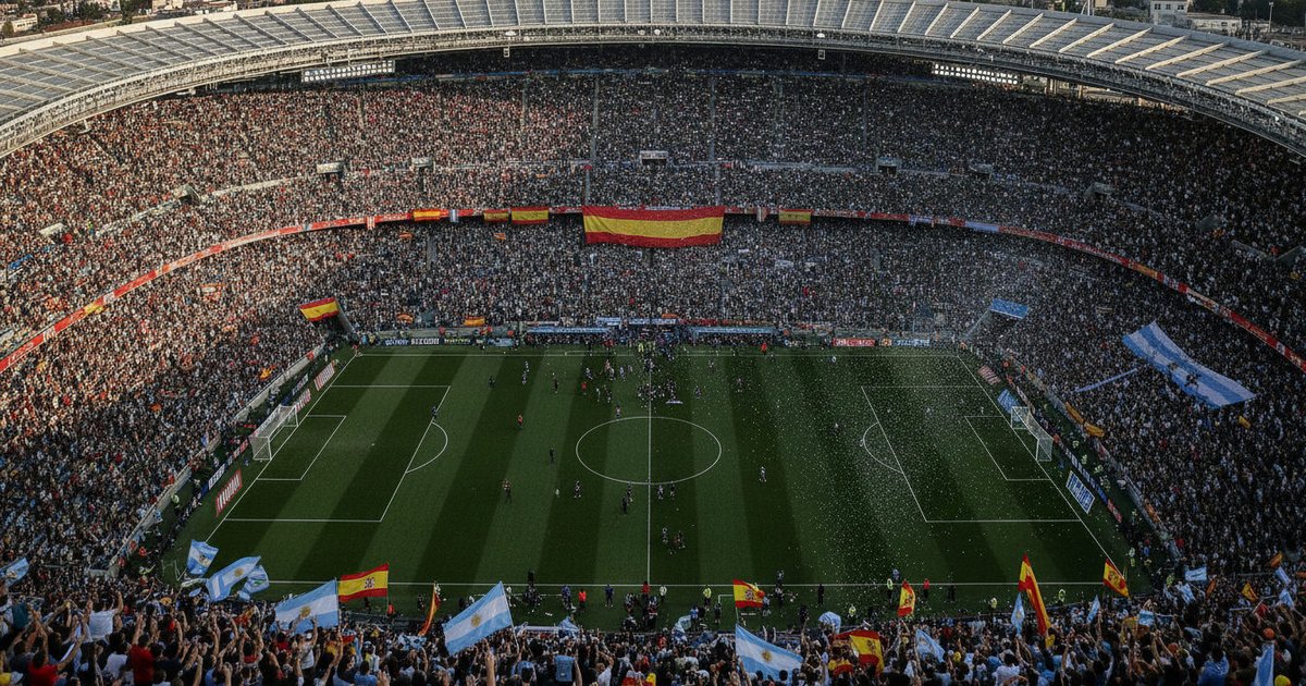 Vista panorámica de un estadio abarrotado tras la final del Mundial 2026, con banderas españolas y argentinas entre el público eufórico.