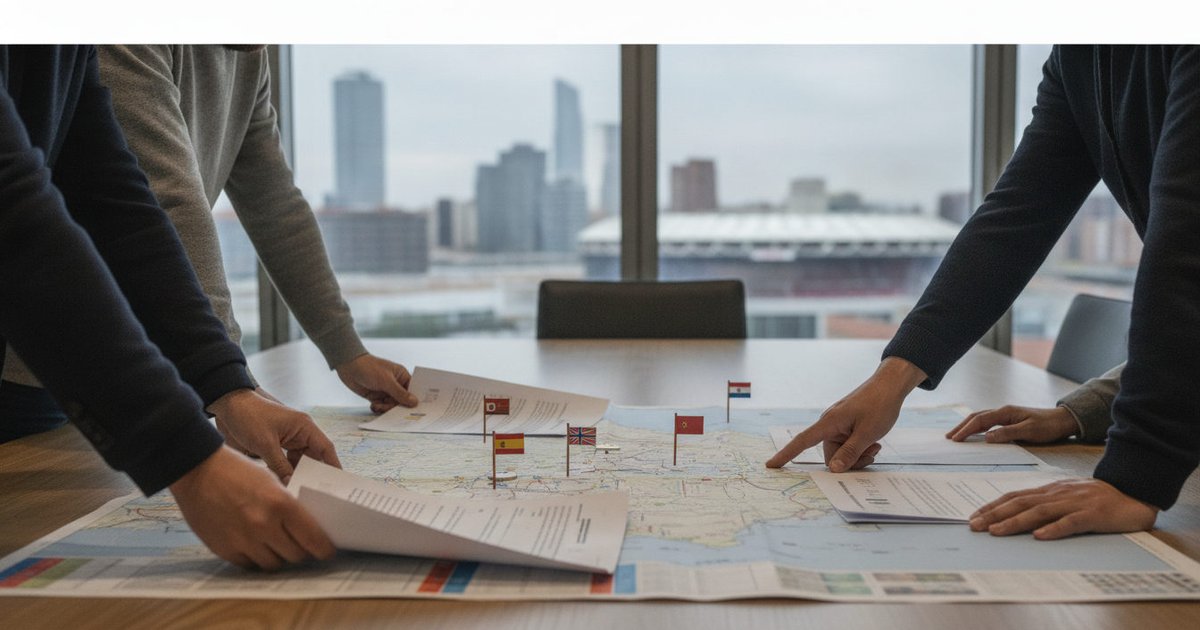 Manos de organizadores y ciudadanos revisando documentos y mapas para el Mundial 2030 en España.