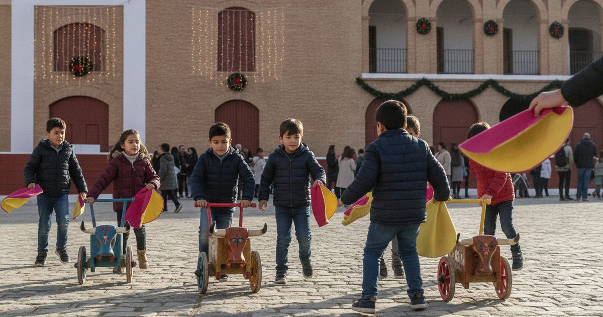 Niños y niñas, de distintas edades y con rasgos variados, participan sonrientes en un juego de carretones taurinos en una plaza emblemática de Sevilla durante un evento festivo de Navidad, mientras adultos observan y participan.