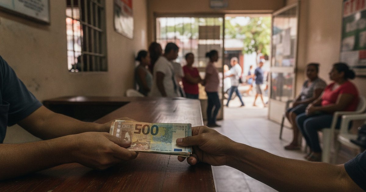 Manos intercambiando dinero en una oficina de remesas en Nicaragua, reflejando el flujo económico.