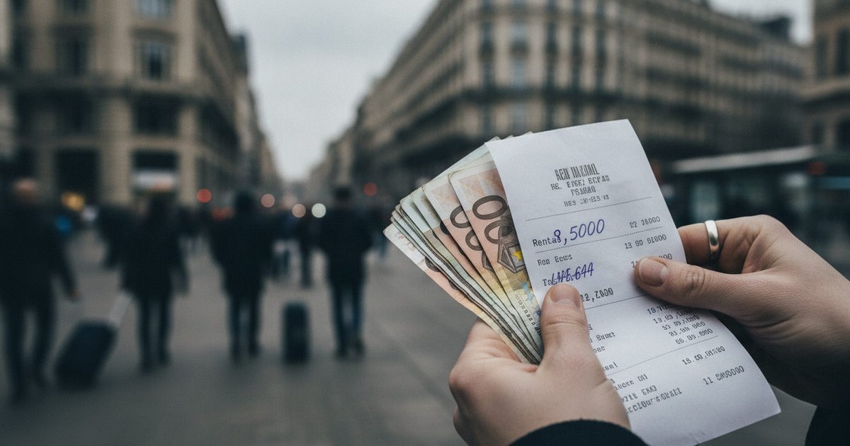 Manos sosteniendo billetes y un recibo de alquiler abultado, con un fondo urbano de rascacielos difuminado, simbolizando la carga económica de la vivienda.