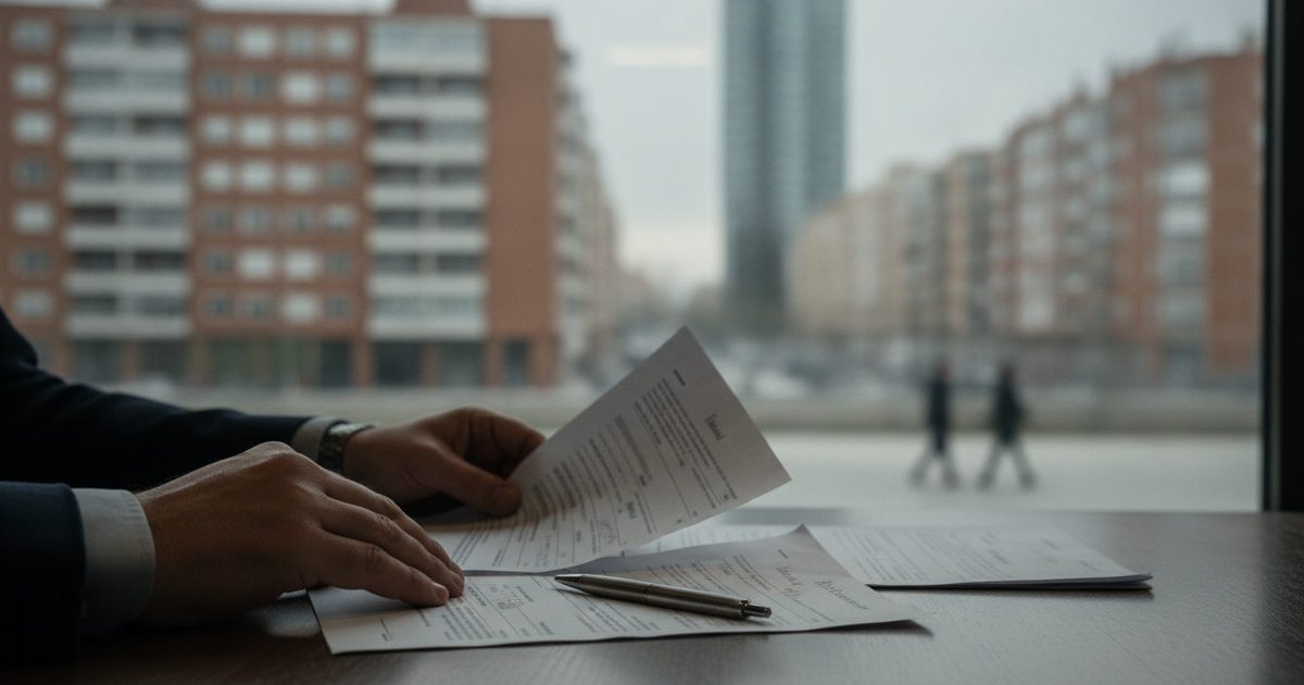 Manos sobre documentos de un contrato de alquiler, con un mapa de propiedades y planos de edificios difuminados al fondo.