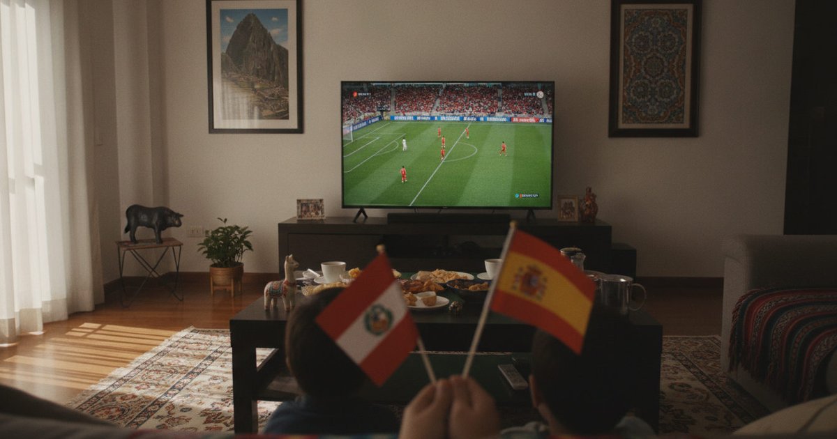Manos anónimas sostienen una bandera de Perú y otra de España mientras un partido de fútbol se reproduce en un televisor de fondo, simbolizando la identidad migrante.