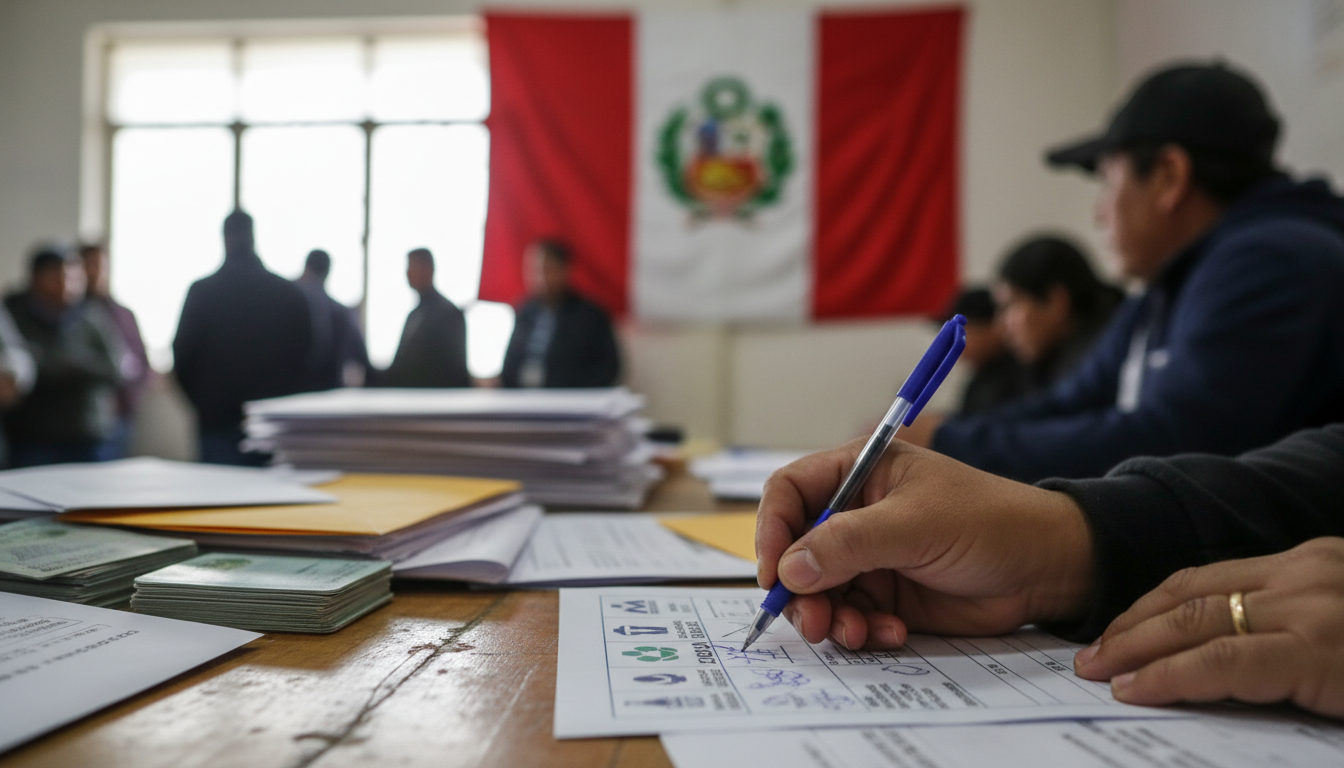Una mano marcando una papeleta electoral en Perú, con símbolos de partidos políticos visibles, durante el proceso de recuento de votos.