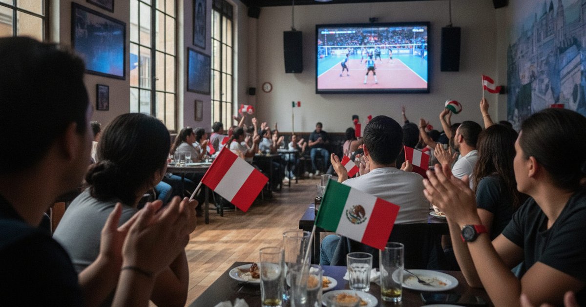 Aficionados peruanos y mexicanos reunidos en un local en España, atentos a un partido de voleibol televisado, con banderas nacionales en sus manos.