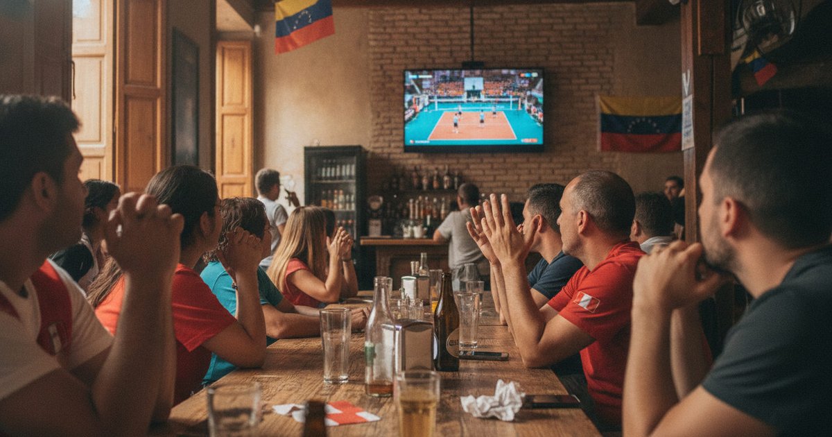 Grupo de aficionados peruanos y venezolanos en un bar en España, observando con intensidad un partido de vóley en una pantalla.