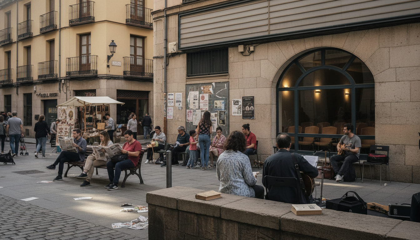 Varias personas interactúan en un espacio cultural al aire libre en un barrio diverso, mostrando la vida comunitaria un domingo.