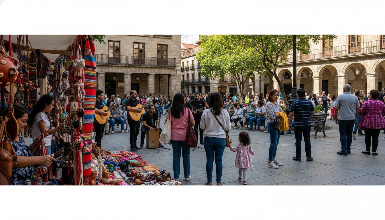Una plaza céntrica en España, vibrante un domingo, con un mercadillo artesanal y músicos, reflejando la diversidad cultural de sus asistentes y la vida comunitaria.