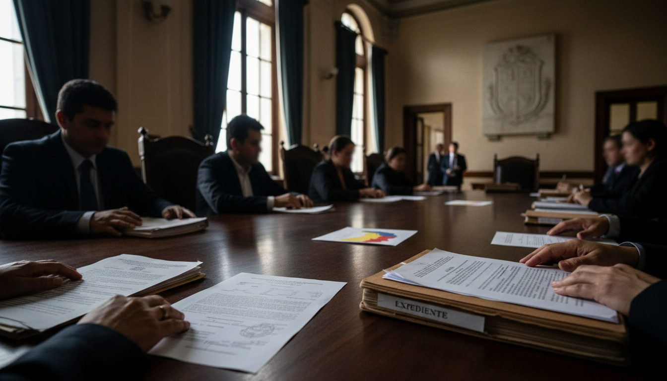 Manos anónimas sobre documentos en una mesa de un tribunal o una oficina gubernamental en un país latinoamericano, con un ambiente de seriedad y papeles apilados.