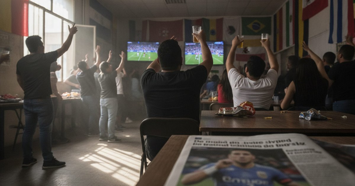 Aficionados latinos y españoles celebran un gol en un bar de Madrid durante un partido del Mundial 2026, con banderas de fondo.