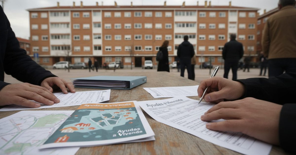 Manos de personas diversas examinando folletos informativos sobre vivienda pública frente a un bloque de apartamentos en una ciudad española.