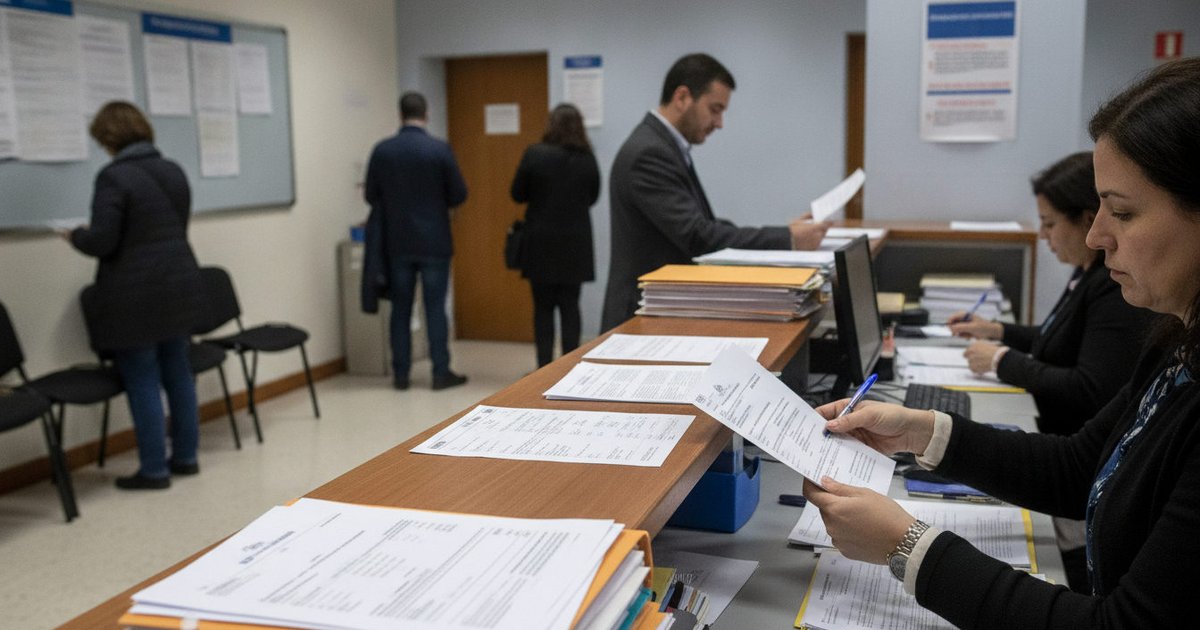 Varias manos sosteniendo documentos y bolígrafos en una oficina de la Seguridad Social, con personas de fondo esperando su turno para realizar trámites de afiliación.