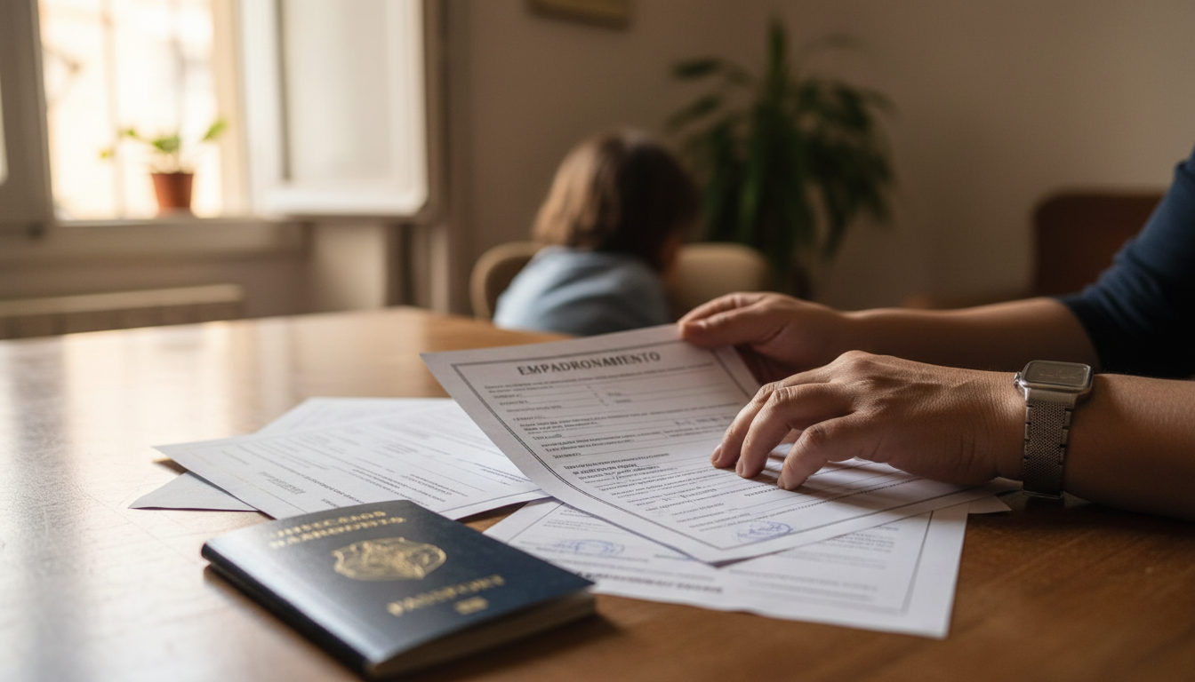 Unas manos examinan documentos oficiales de extranjería, incluyendo un pasaporte y un certificado de empadronamiento, sobre una mesa.