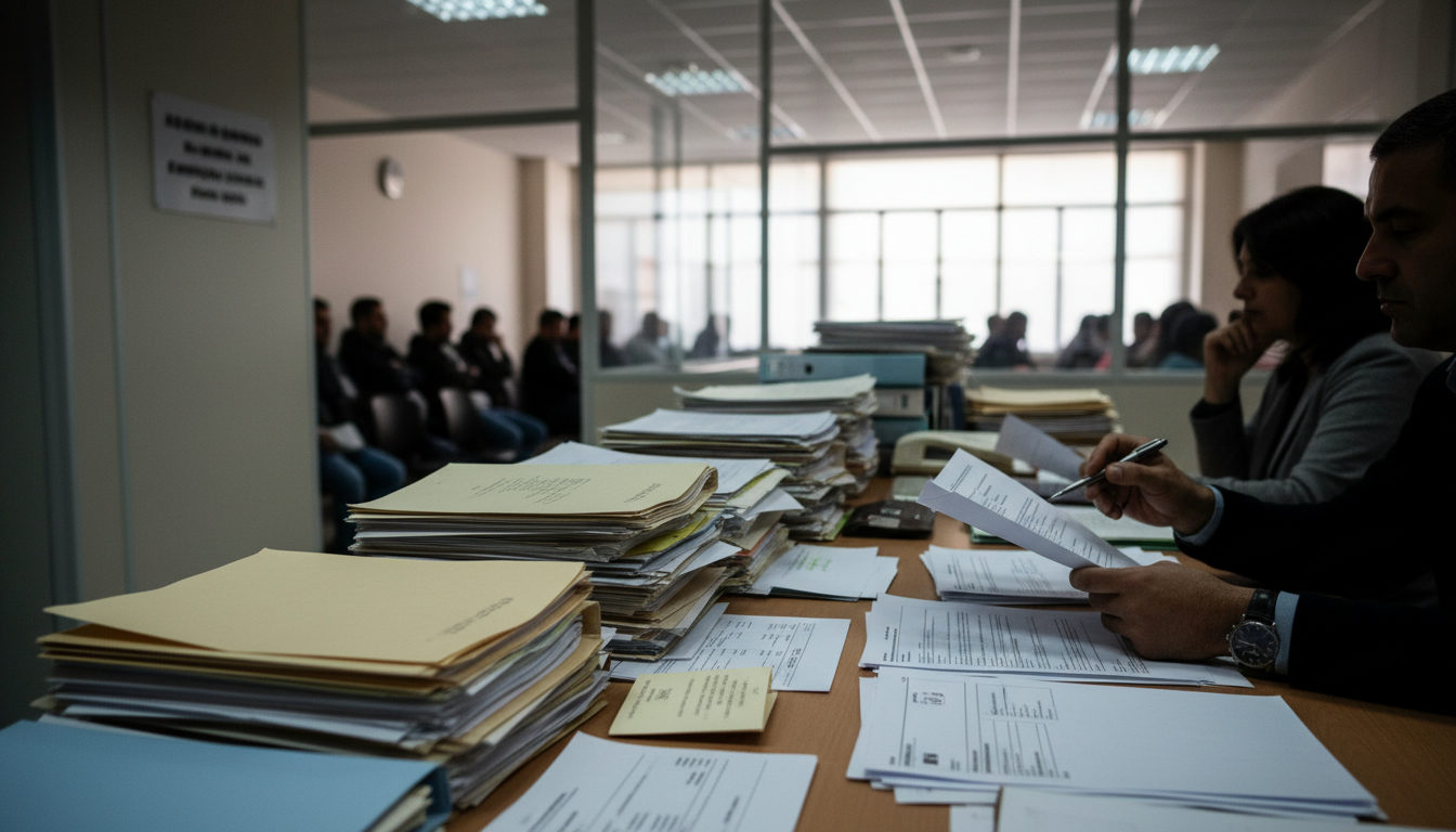 Manos de un abogado y un cliente latino revisando documentos y formularios sobre una mesa, preparando la solicitud de regularización en España.