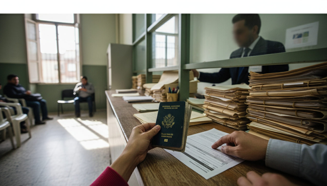 Manos de una persona latina entregando o revisando documentos para un trámite de extranjería en un mostrador o mesa de oficina, con carpetas y formularios en el fondo.