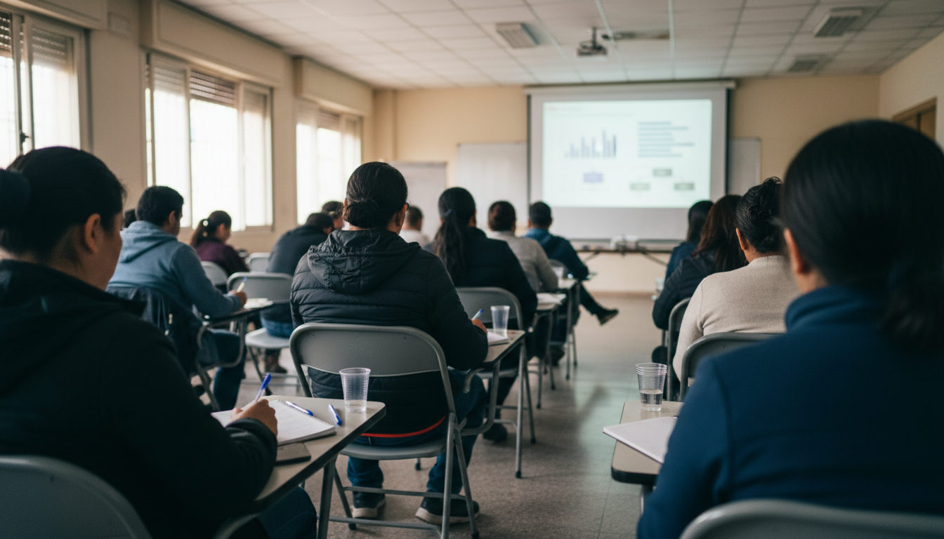 Inmigrantes latinos en España asisten a una charla informativa sobre trámites migratorios y el proceso de regularización extraordinaria en un centro comunitario, tomando notas.